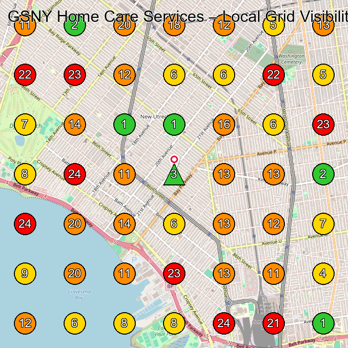 GSNY Home Care Services Home Health Care Service GeoGrid ranking map for Brooklyn NY